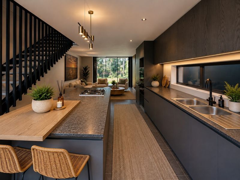 Modern open-plan kitchen and living area featuring a sleek island, dark cabinetry, integrated appliances, and a staircase with a contemporary balustrade.