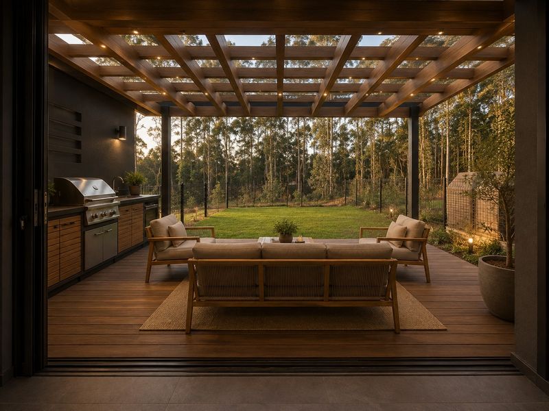 A beautifully designed covered timber deck featuring a built-in outdoor kitchen, recessed lighting, and seamless transition to a private garden with forest views.