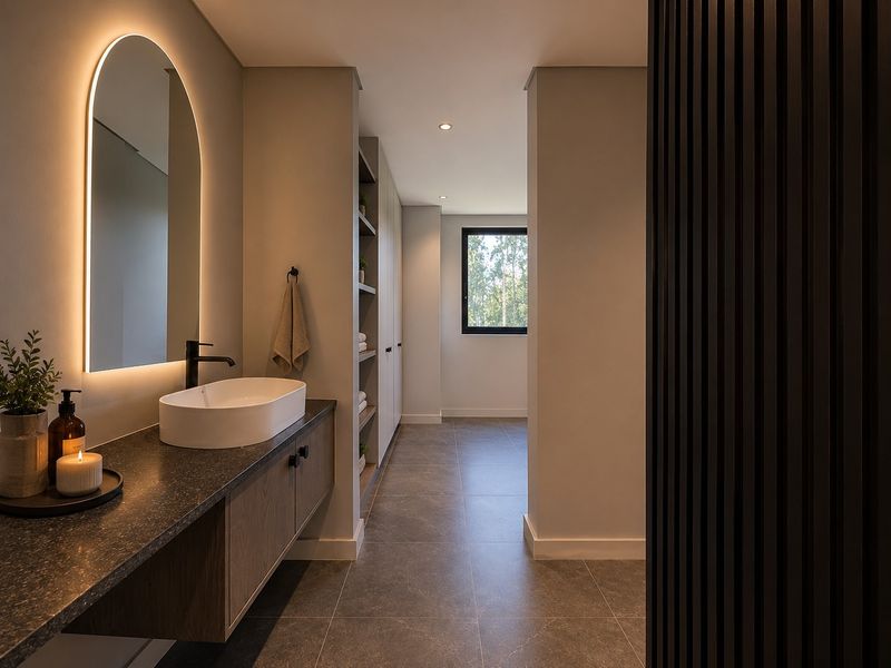 Modern bathroom featuring a floating vanity with vessel sink, backlit arched mirror, built-in storage cabinetry, and elegant slatted wall detailing.