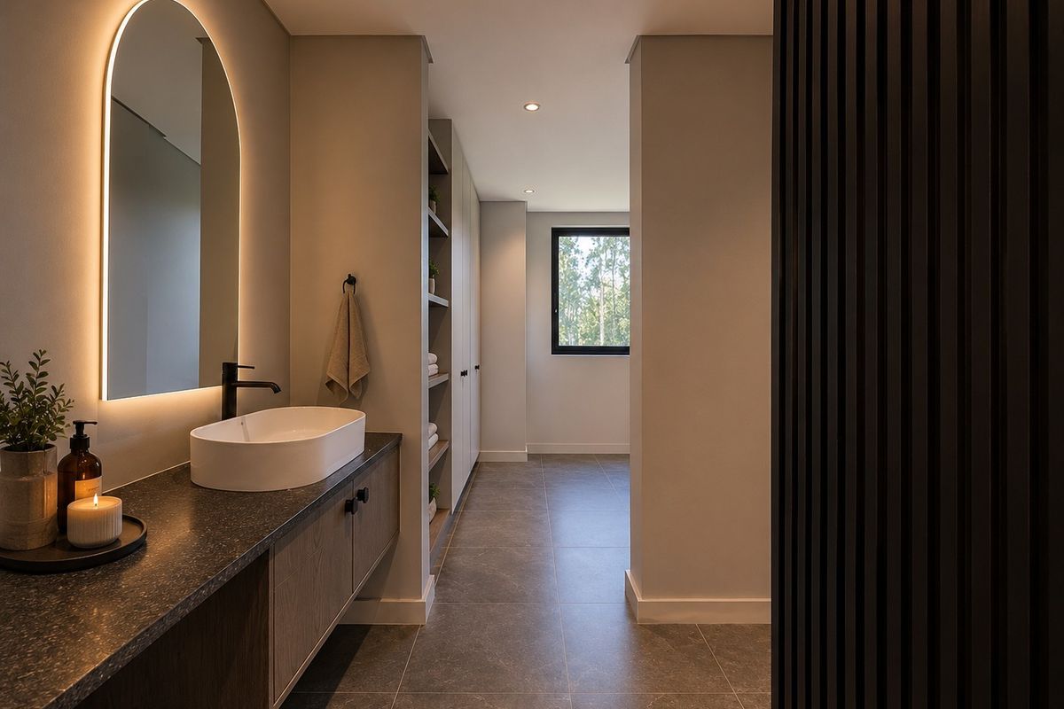 Modern bathroom featuring a floating vanity with vessel sink, backlit arched mirror, built-in storage cabinetry, and elegant slatted wall detailing.