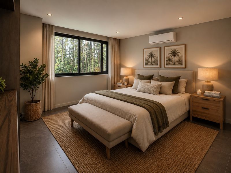 A well-appointed bedroom featuring tiled flooring, recessed downlighting, and a wall-mounted split-system air conditioning unit with a view of the surrounding trees.