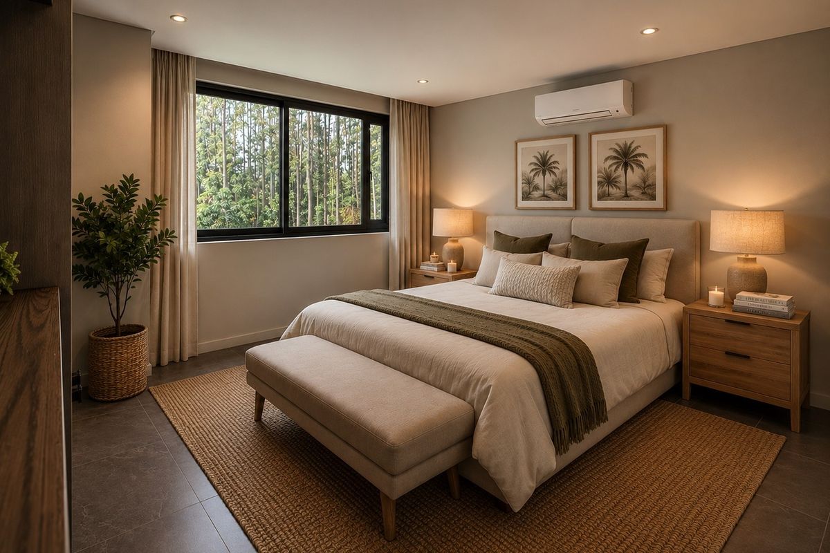 A well-appointed bedroom featuring tiled flooring, recessed downlighting, and a wall-mounted split-system air conditioning unit with a view of the surrounding trees.
