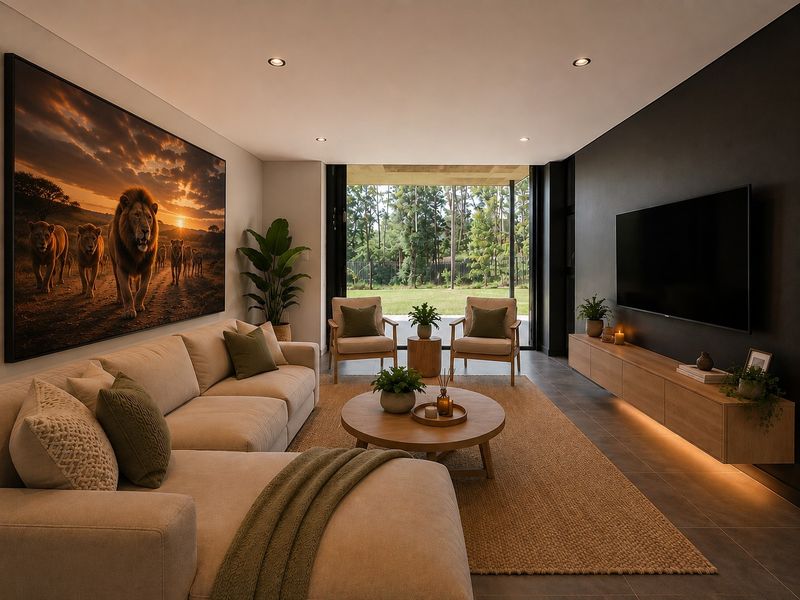 Modern living room featuring tiled floors, recessed lighting, a floating media console with under-cabinet illumination, and large sliding doors opening to a garden view.