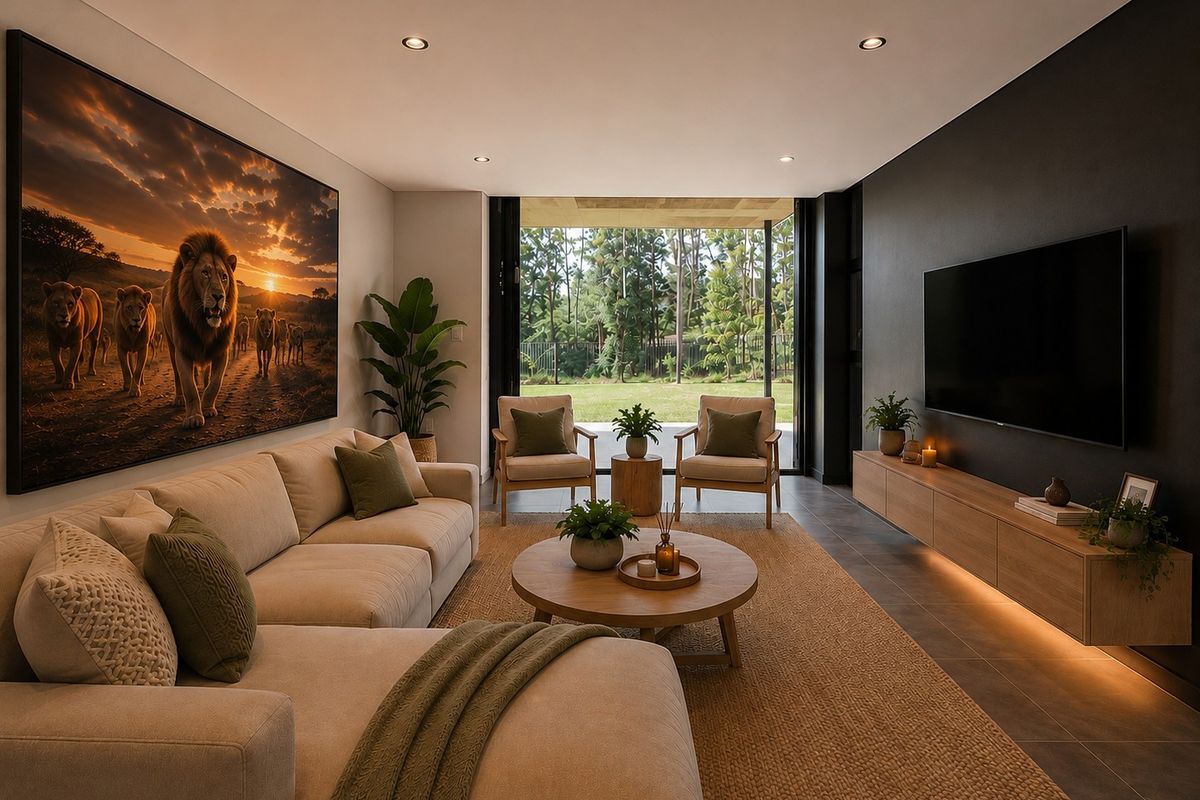 Modern living room featuring tiled floors, recessed lighting, a floating media console with under-cabinet illumination, and large sliding doors opening to a garden view.