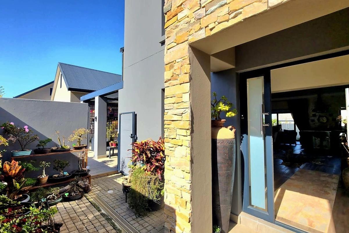 A modern rear courtyard featuring stone cladding, paved flooring, and a seamless transition to the interior living space through a large sliding glass door.