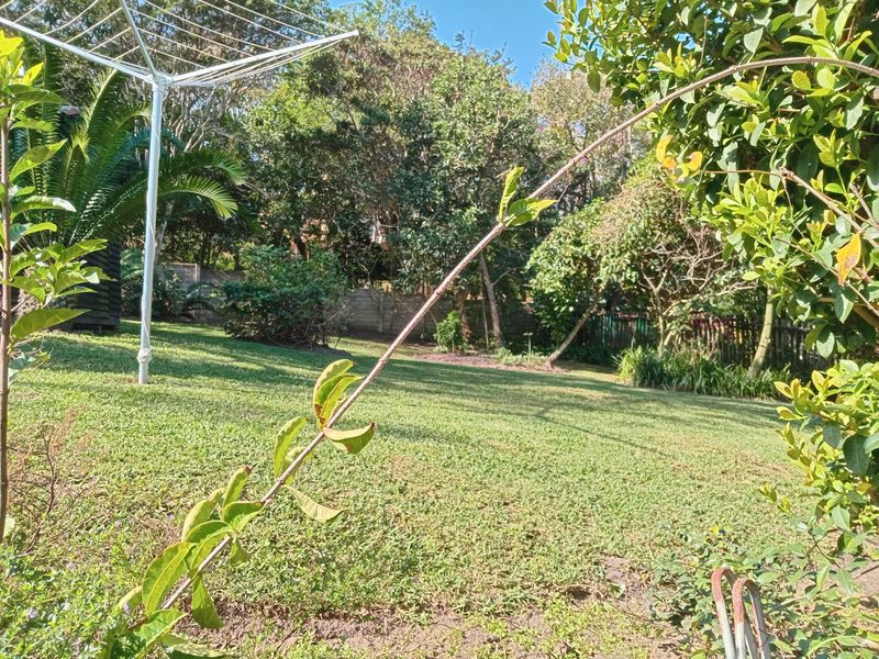 A spacious private garden featuring a well-maintained lawn, mature trees, and a rotary clothesline, enclosed by a boundary wall.