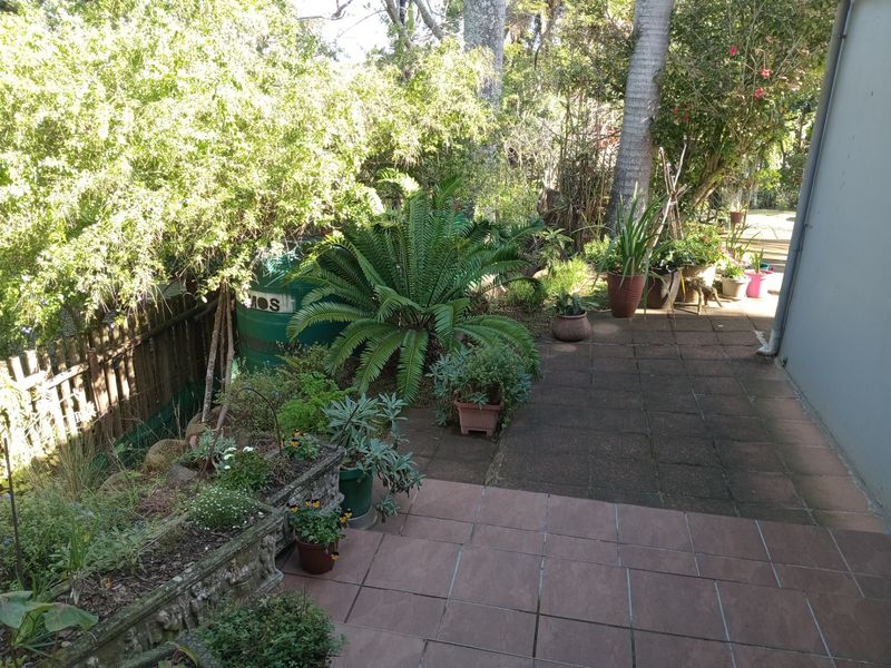 A paved outdoor patio area featuring a water tank and established garden borders, providing a functional space for outdoor living.
