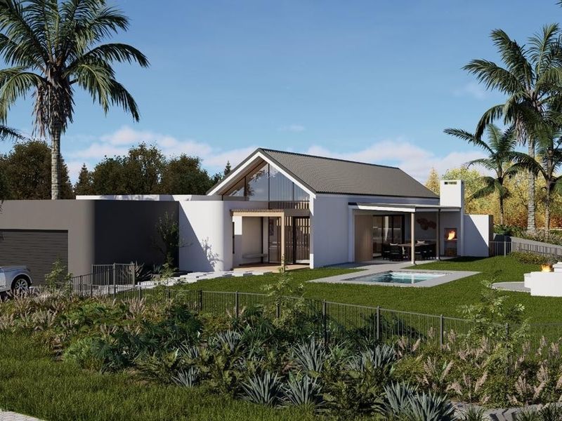 A modern architectural rendering of a rear exterior featuring a swimming pool, covered patio with fireplace, and a contemporary pitched roof design.