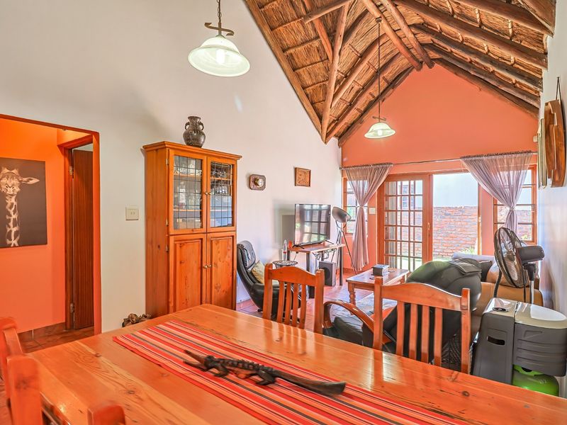Open-plan living and dining area featuring a high vaulted thatched ceiling with exposed timber rafters, tiled floors, and direct access to the rear garden.