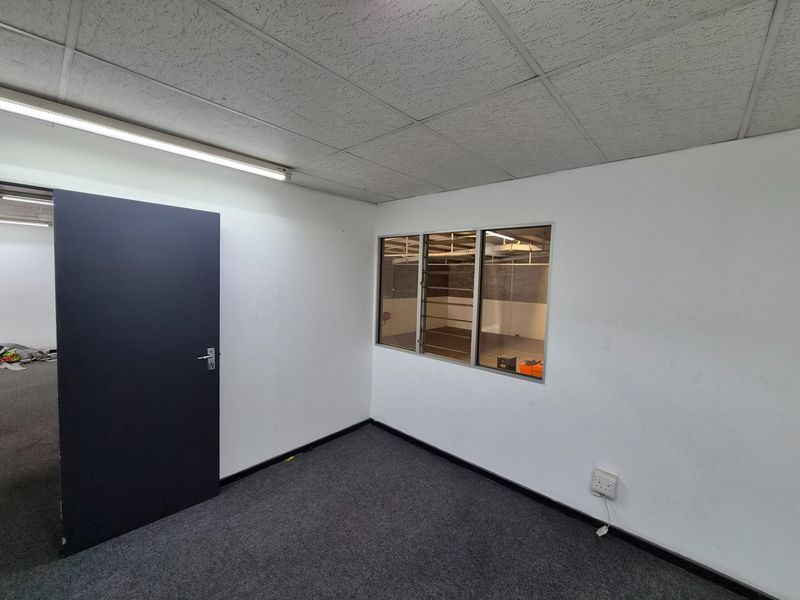 A clean, empty office space featuring carpeted flooring, a suspended ceiling with fluorescent lighting, and an internal window looking into an adjacent area.
