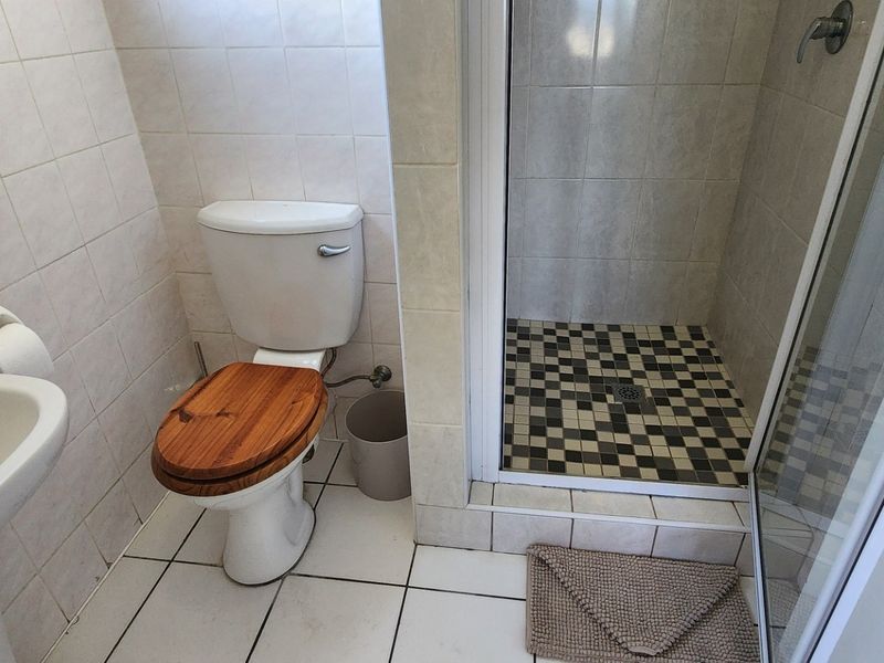 A functional bathroom featuring a pedestal basin, standard toilet, and a separate shower enclosure with tiled finishes.