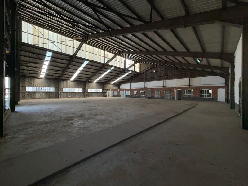Expansive industrial warehouse space featuring high ceilings with exposed steel trusses, translucent skylights, and durable concrete flooring, suitable for various commercial or storage uses.