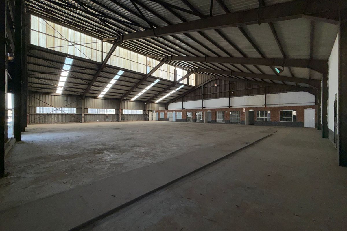 Expansive industrial warehouse space featuring high ceilings with exposed steel trusses, translucent skylights, and durable concrete flooring, suitable for various commercial or storage uses.
