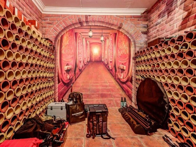 A dedicated wine cellar featuring extensive built-in circular wine storage racks and decorative mural wall finishes.
