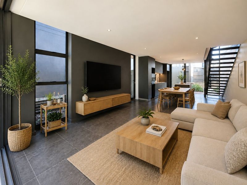 Modern open-plan living and dining area featuring sleek tiled floors, recessed lighting, a contemporary staircase, and seamless access to outdoor spaces.