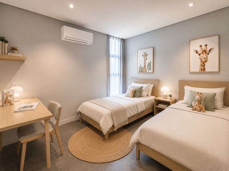 A well-maintained twin bedroom featuring tiled flooring, recessed downlighting, and a wall-mounted split-system air conditioner.
