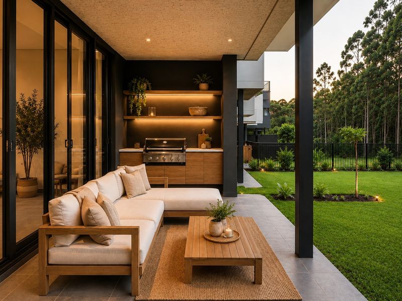 A modern covered patio featuring a built-in barbecue station, stone countertops, and integrated lighting, overlooking a landscaped garden.