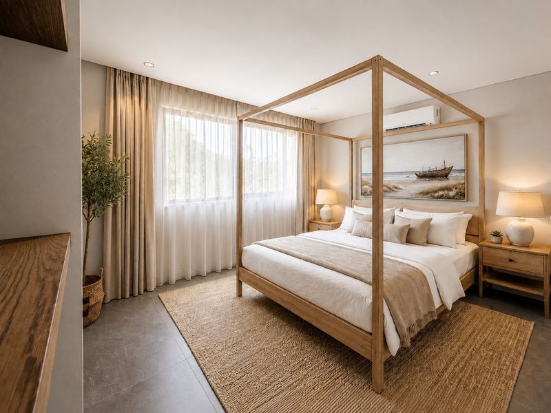 A well-appointed bedroom featuring tiled flooring, recessed lighting, and a wall-mounted split-system air conditioner, offering a clean and modern aesthetic.