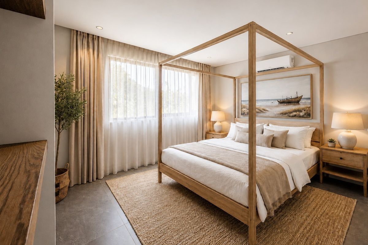A well-appointed bedroom featuring tiled flooring, recessed lighting, and a wall-mounted split-system air conditioner, offering a clean and modern aesthetic.