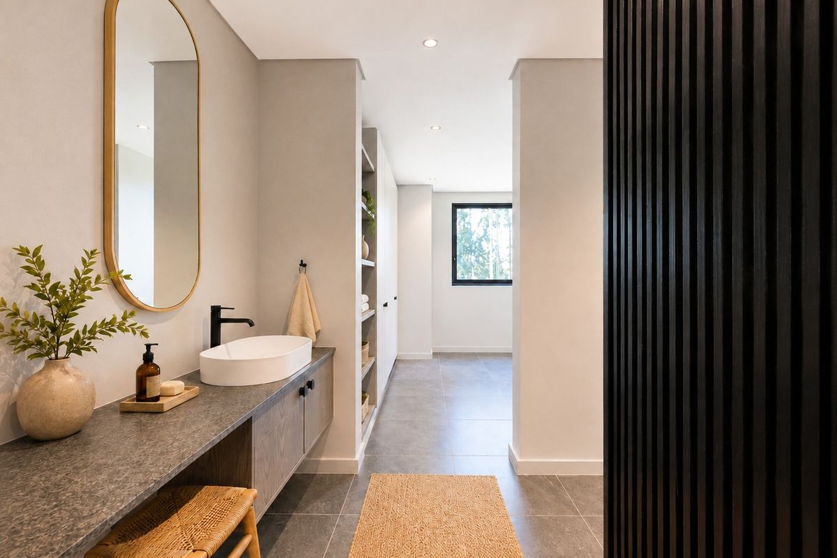 Modern bathroom featuring a sleek vanity with vessel sink, stone-look countertop, built-in storage shelving, and contemporary dark wood slat wall detailing.
