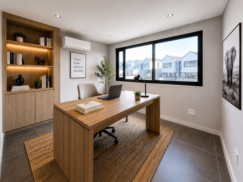 A modern, well-lit home office featuring built-in timber shelving, tiled flooring, and a split-system air conditioner, offering a clean and professional workspace.