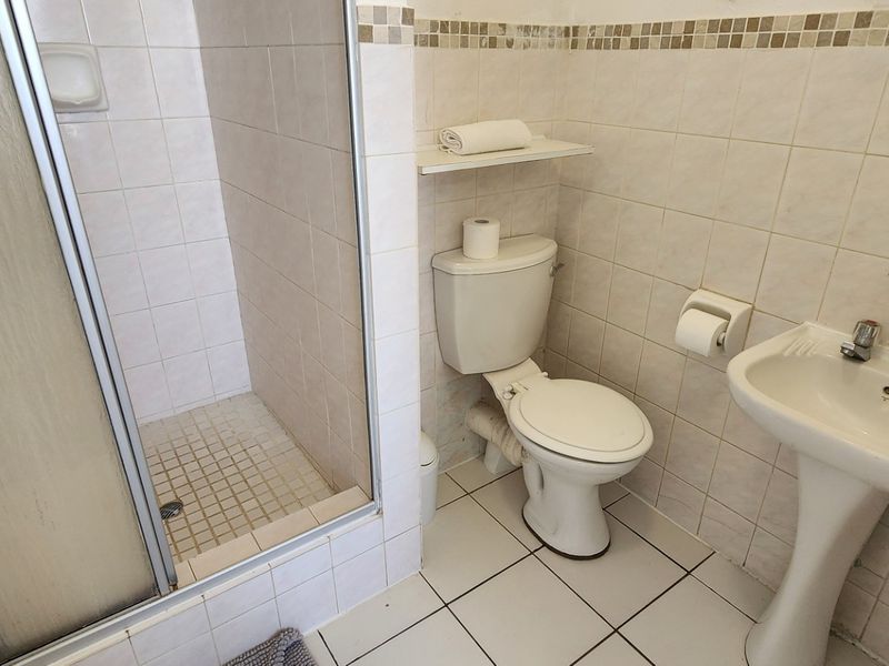 A functional bathroom featuring a shower enclosure, pedestal basin, and toilet, finished with tiled walls and a decorative mosaic border.