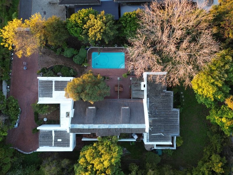 Aerial view of the property featuring a swimming pool, mature garden, and a traditional thatched roof house with a paved driveway.