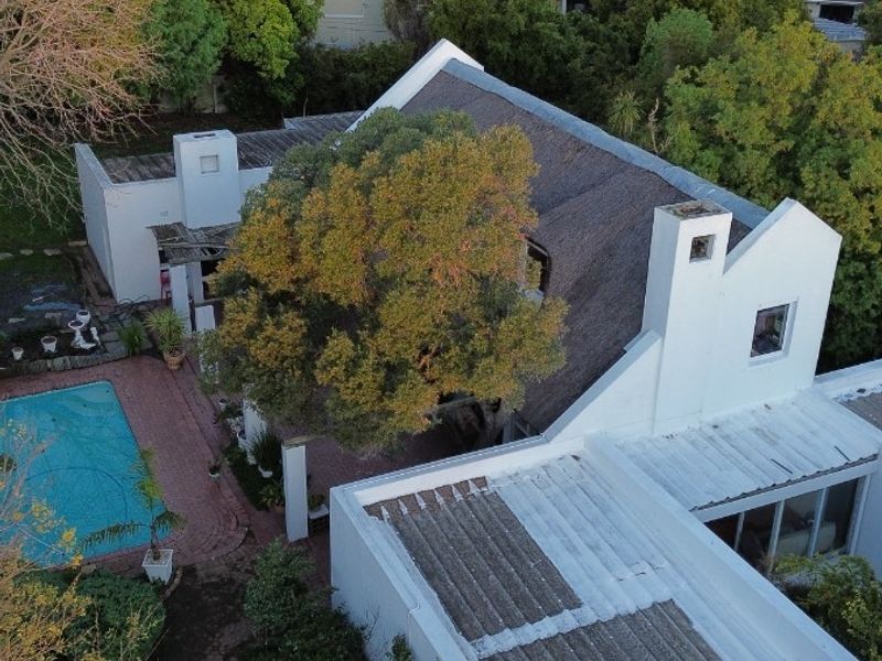 Aerial view of the property featuring a thatched roof house, swimming pool, paved outdoor areas, and surrounding garden with mountain views.