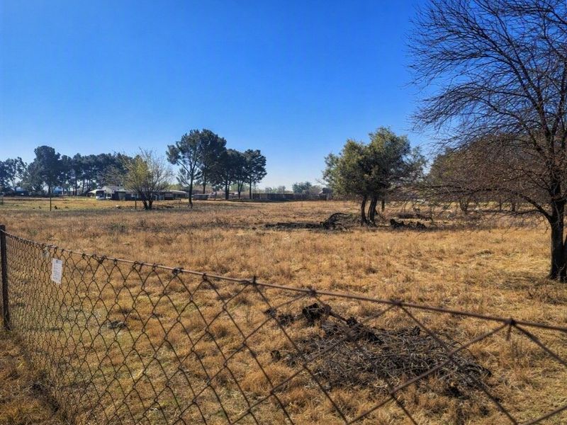 A view of a vacant residential plot featuring dry grass, mature trees, and a perimeter chain-link fence.