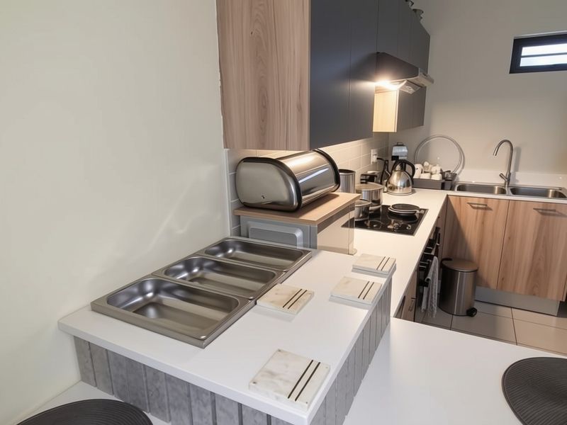 Modern kitchen featuring sleek two-tone cabinetry, stone countertops, integrated hob, and stainless steel sink, offering a functional and contemporary cooking space.