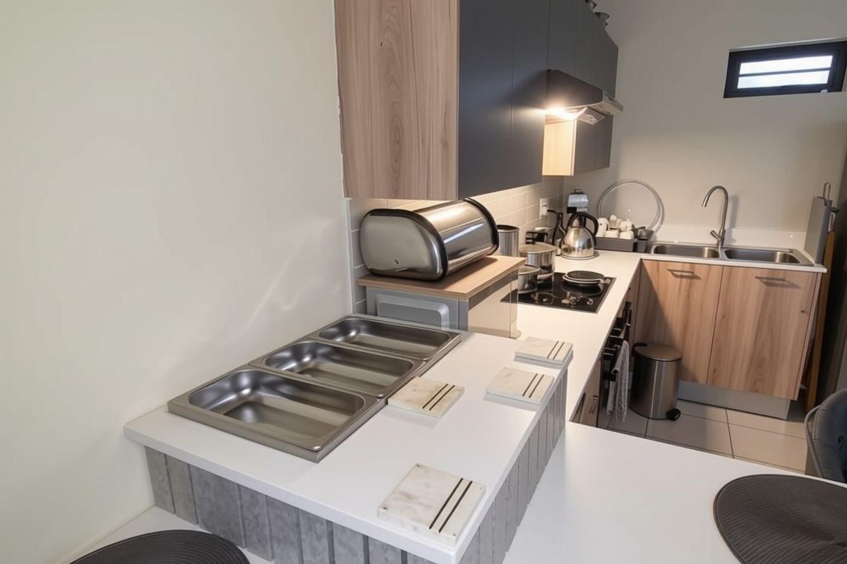 Modern kitchen featuring sleek two-tone cabinetry, stone countertops, integrated hob, and stainless steel sink, offering a functional and contemporary cooking space.