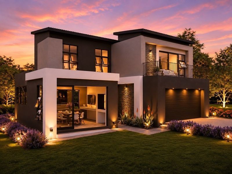 Modern double-storey home featuring a contemporary facade, stone accents, a spacious balcony, integrated garage, and a beautifully landscaped garden at dusk.