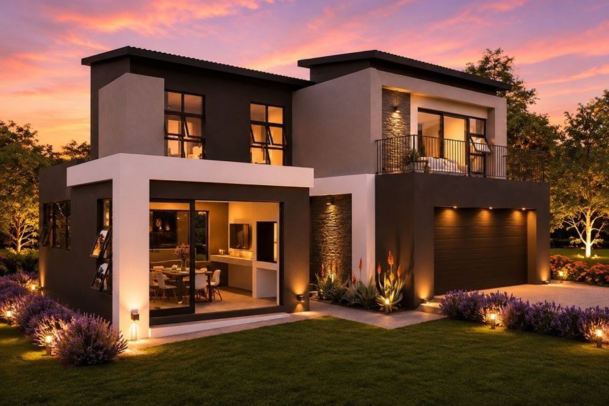 Modern double-storey home featuring a contemporary facade, stone accents, a spacious balcony, integrated garage, and a beautifully landscaped garden at dusk.