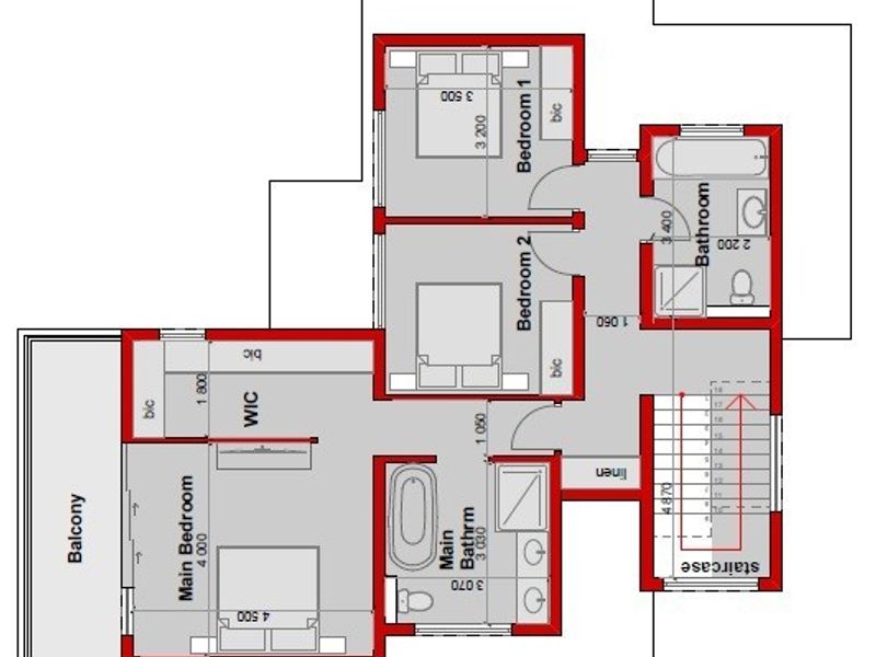 A detailed architectural floor plan showing the layout of the upper level, including three bedrooms, two bathrooms, a walk-in closet, and a balcony.