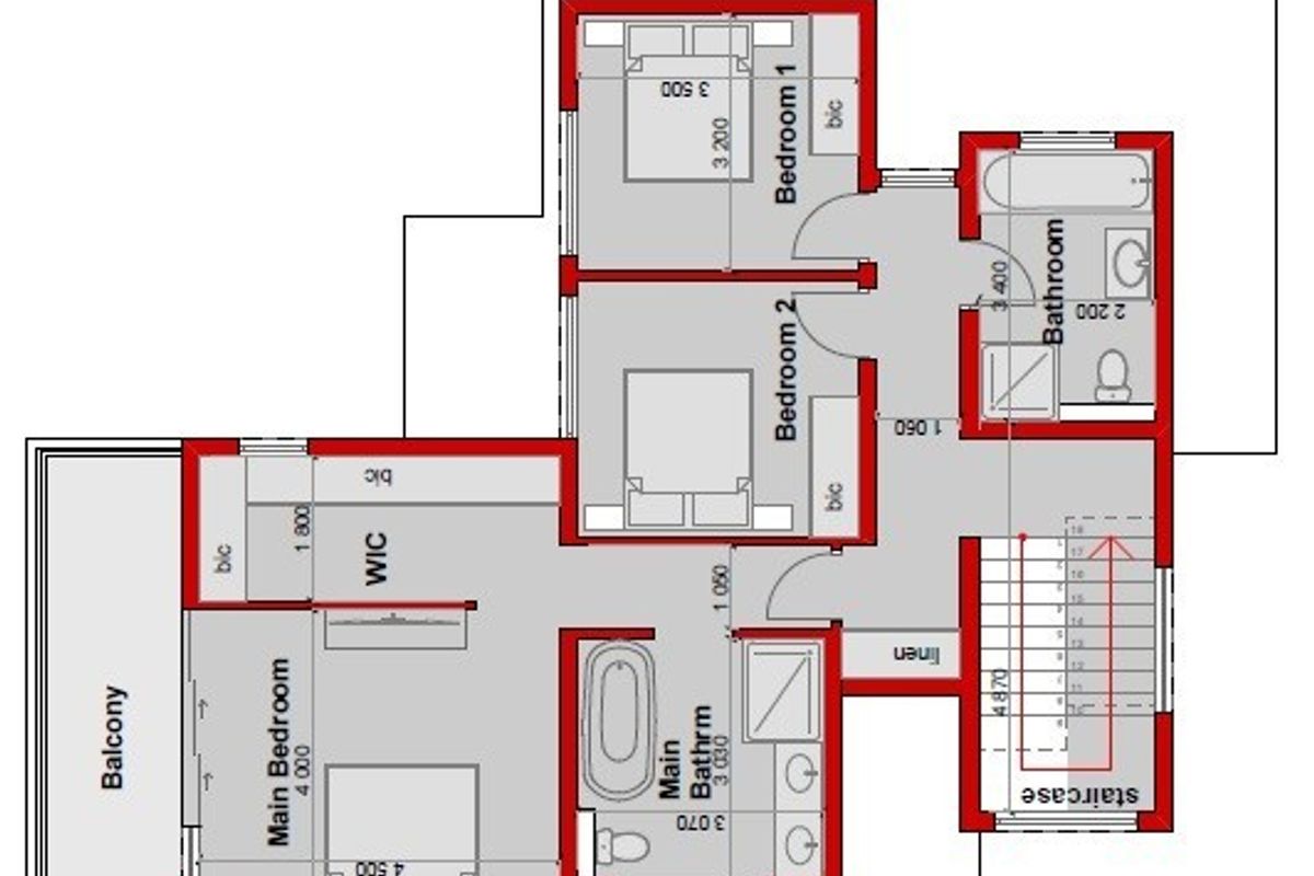 A detailed architectural floor plan showing the layout of the upper level, including three bedrooms, two bathrooms, a walk-in closet, and a balcony.