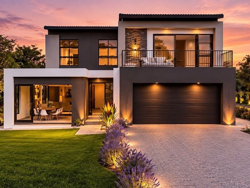 A modern two-story luxury home featuring a paved driveway, double garage, landscaped garden, and an upper-level balcony at sunset.