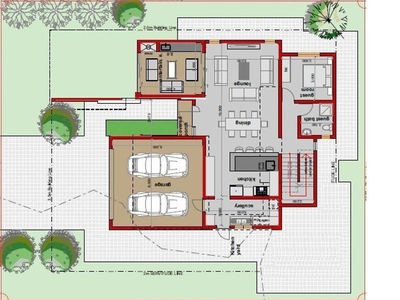 Architectural floor plan showing the layout of the house, including garage, living areas, kitchen, scullery, and guest bedroom.