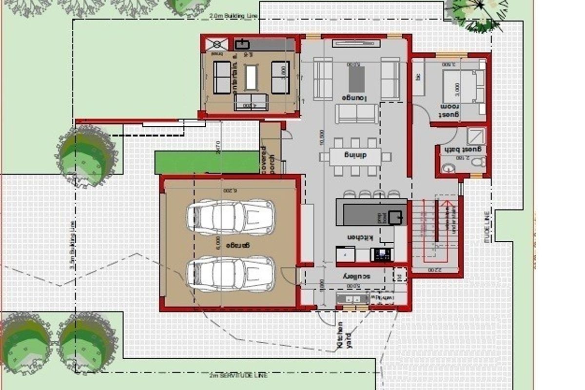 Architectural floor plan showing the layout of the house, including garage, living areas, kitchen, scullery, and guest bedroom.