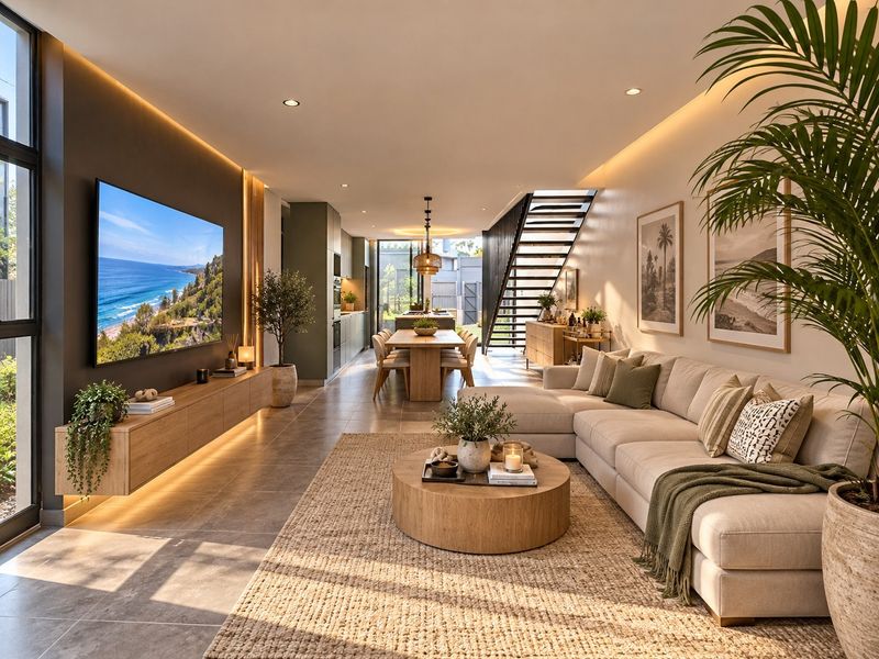 A modern, open-plan living and dining area featuring tiled floors, recessed lighting, a sleek staircase, and a contemporary kitchen with integrated cabinetry.
