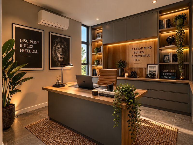 A modern, professionally designed home office featuring custom built-in cabinetry, integrated LED lighting, slatted wood accents, and a split-system air conditioning unit.