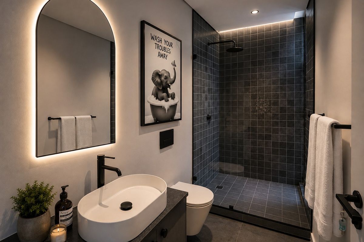 Modern bathroom featuring a walk-in shower with dark tiling, a vessel sink on a vanity, and a stylish backlit arched mirror.
