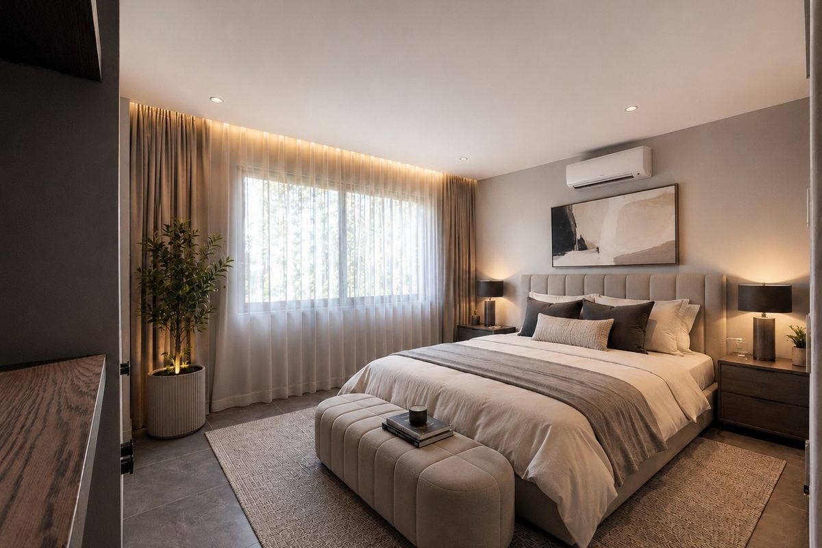 A modern, well-appointed bedroom featuring tiled flooring, recessed lighting, and a wall-mounted air conditioning unit, creating a comfortable and contemporary living space.
