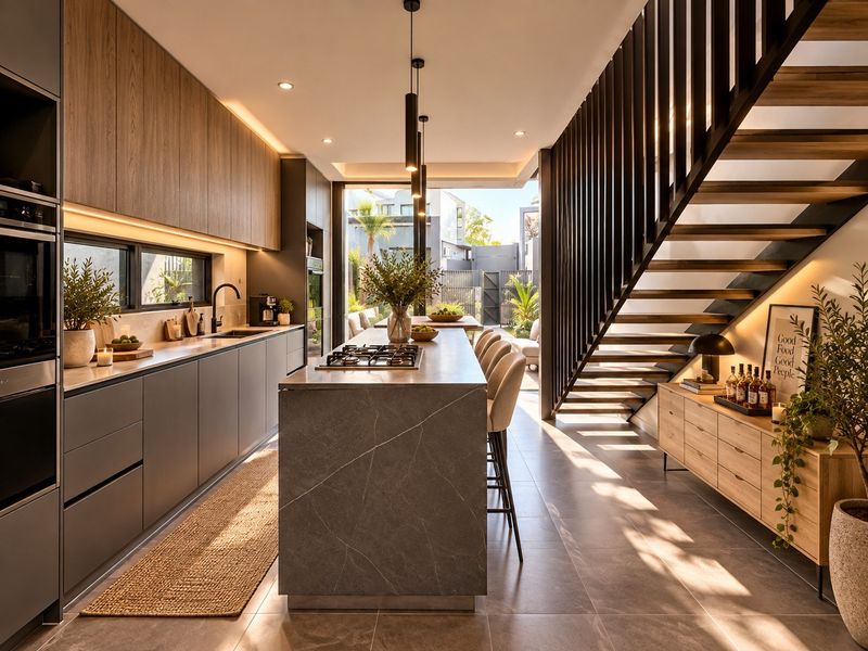 Modern open-plan kitchen featuring a stone island, integrated appliances, timber cabinetry, and a striking feature staircase, flowing seamlessly to an outdoor patio area.