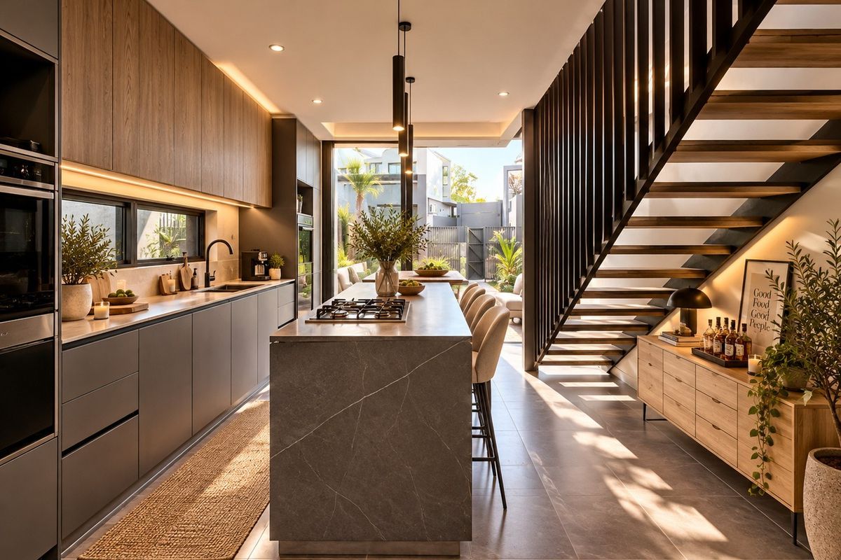 Modern open-plan kitchen featuring a stone island, integrated appliances, timber cabinetry, and a striking feature staircase, flowing seamlessly to an outdoor patio area.