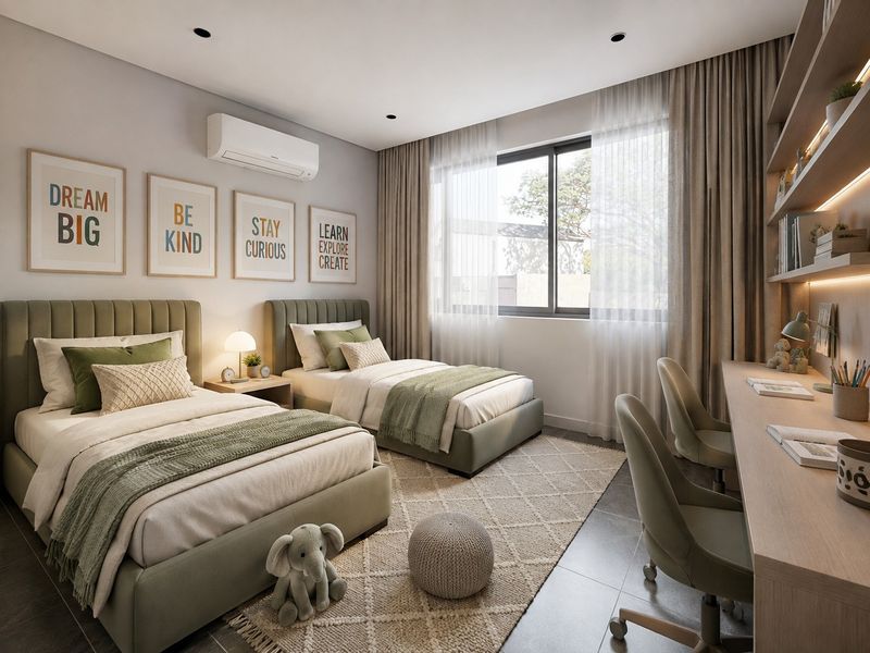 A modern, well-appointed bedroom featuring twin beds, a built-in study desk with integrated shelving, split-system air conditioning, and neutral finishes.