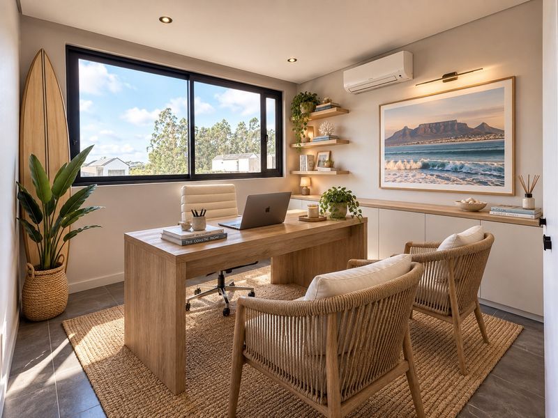 A bright and modern home office featuring built-in cabinetry, floating shelves, a split-system air conditioner, and large sliding windows with natural light.