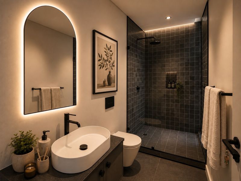 Modern bathroom featuring a walk-in shower with dark tiling, a sleek vessel sink, and a stylish backlit arched mirror.