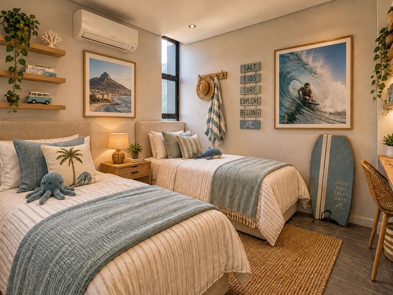 A well-appointed bedroom featuring tiled flooring, recessed lighting, a split-system air conditioner, and built-in shelving, presented in excellent condition.