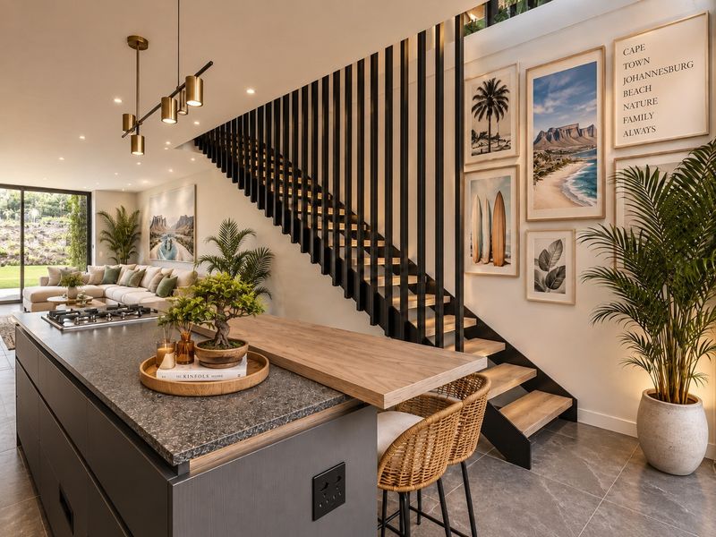 Modern open-plan living area featuring a sleek kitchen island with integrated cooktop, contemporary staircase, and seamless flow to the outdoor patio through sliding doors.