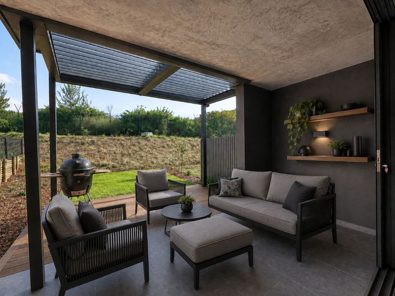 A modern covered patio featuring a louvered pergola, timber decking, tiled flooring, and stylish wall-mounted shelving, overlooking a private garden area.